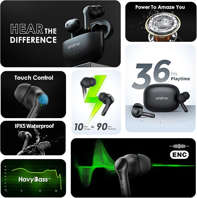 Oraimo FreePods 3C ENC Calling Noise Cancellation, powerful bass 4 mics, Long Playtime True Wireless Earbuds IPX5-Water Resistant