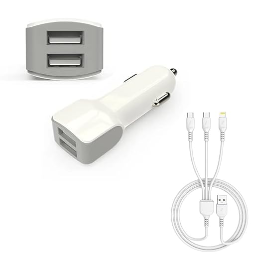 JNUOBI Quick Charge Car Charger, Dual Ports Car Charger Adapter with 3 in 1 Fast Charging Cord for iPhone, Android, iPad, Camera for Most Cars-White 