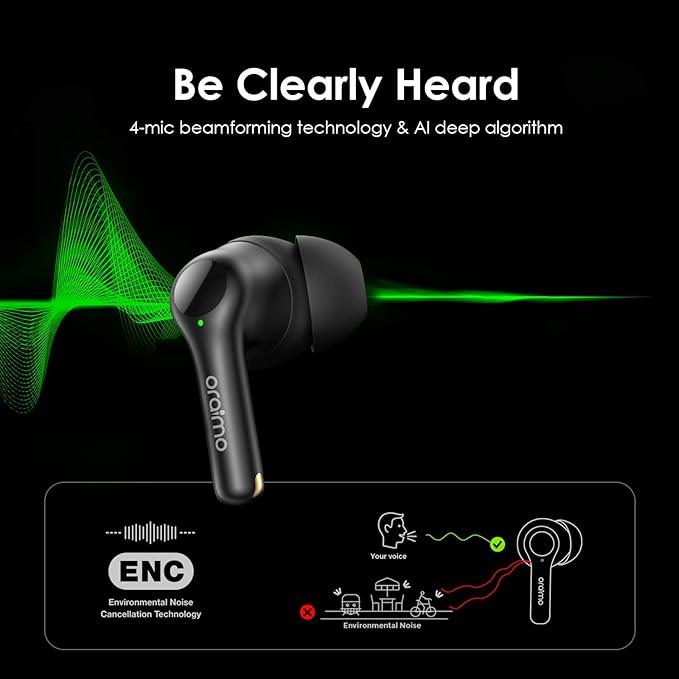 Oraimo FreePods 3C ENC Calling Noise Cancellation, powerful bass 4 mics, Long Playtime True Wireless Earbuds IPX5-Water Resistant